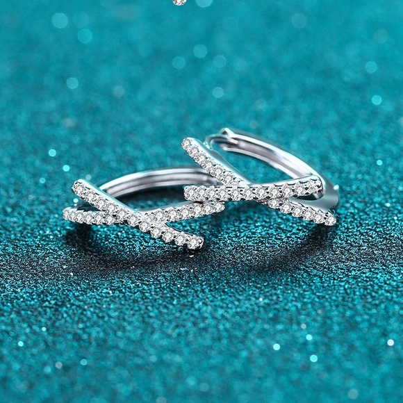 Moissanite Huggies, Big X Shape Huggie Earrings, Solid Silver Diamonds Hoop - Picture 7 of 8